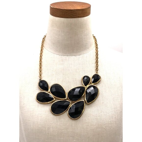 Gold Tone Chain Statement Necklace With Black Teardrop Crystal Accents - Picture 4 of 5